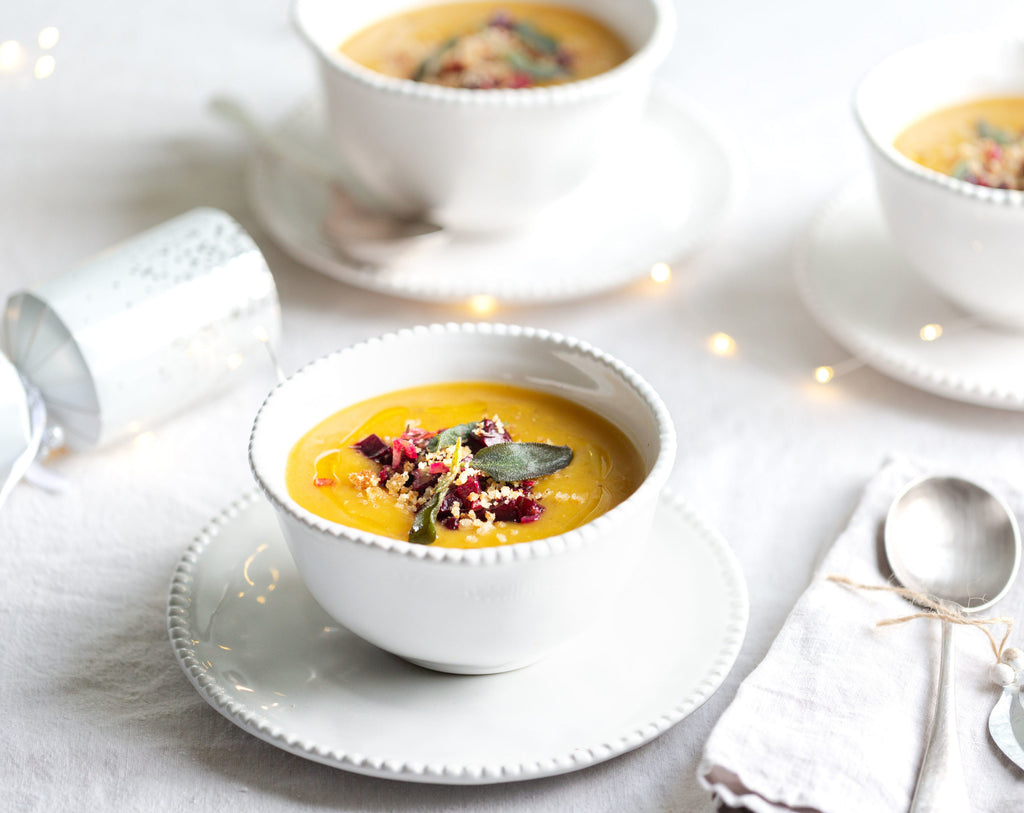 Butternut Squash Soup, Beetroot Tarka, Crispy Sage And Cinnamon Crumble