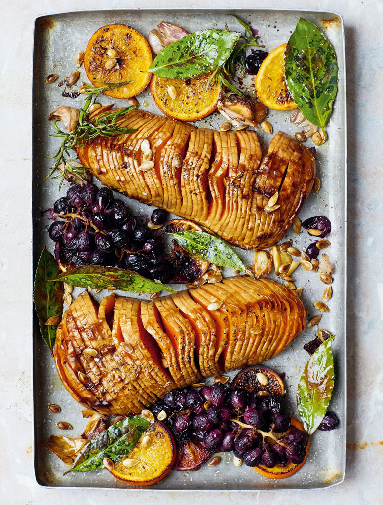 Recipe: Hasselback Squash with Roasted Grapes, and Blue Cheese Slaw